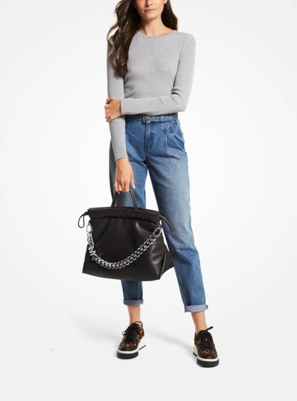 Damske Prenosná Taška Michael Kors Lina Medium Logo Faux Leather Čierne - Kabelky Michael Kors Slevy | VIRTS-9536